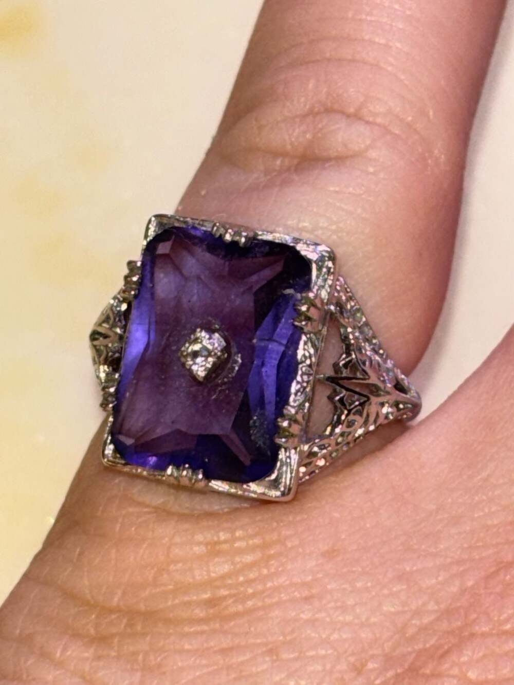 Art Deco Style Filigree Cocktail Ring with Emerald-Cut Amethyst